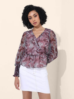 Freehand - Fitted Fauna Printed V-Neck Full Sleeves Wrap Top