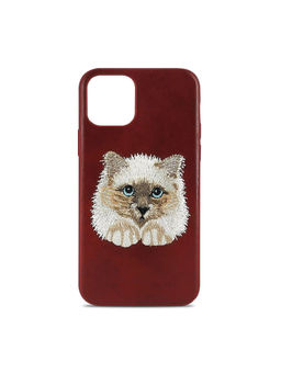 Treemoda - Embroided Cat Wine Red Leather Case For Apple iPhone 13