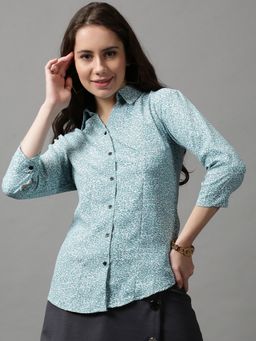 SHOWOFF - Women's Spread Collar Printed Green Polyester Shirt