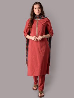 Shree - Women Poly Silk Red Solid Kurta With Trouser & Dupatta (Set Of 3)
