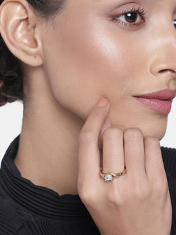 Estele - Gold Plated Oval Shaped Textured Band Ring with White Stone for Women