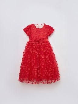Blue Giraffe - Girls Red Round Neck Regular Fit Party Wear Dress