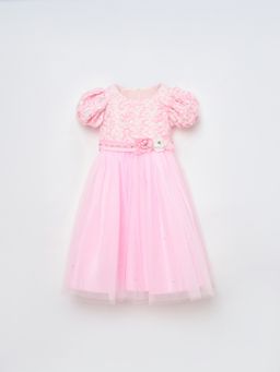 Blue Giraffe - Girls Pink Round Neck Regular Fit Party Wear Dress