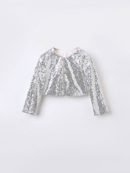 Blue Giraffe - Girls Silver Round Neck Regular Fit Party Wear Short Top