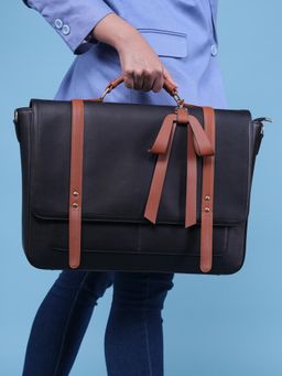 Horra - Vegan Leather 14 Inch Breifcase Messenger Laptop Bag For Women Office with Bow - Black