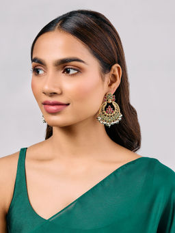 Azai by Nykaa Fashion - Pink and Green Stones Floral Earrings with Pearl Hanging