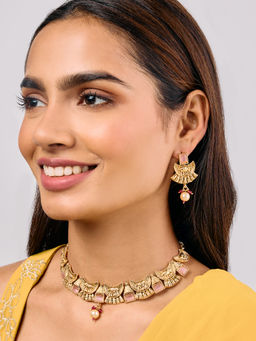 Azai by Nykaa Fashion - Gold Pink Stone Temple Necklace with Pearl Drop Earrings Jewellery (Set of 2)