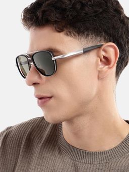 Carlton London - Unisex Premium Silver & Black Toned Green Uv With Polarised Lens Aviator Sunglasses
