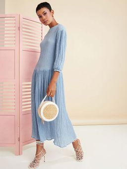 Styli - Blue 3/4 Sleeves Round Neck Smocked A-line Maxi Dress