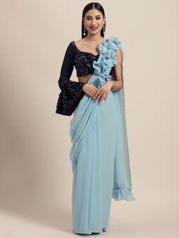 Tikhi Imli - Blue Poly Georgette Saree with Applique Flower On Shoulder Area with Unstitched Blouse