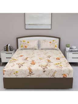 GM - Beige And Yellow Floral 180 Tc Cotton King Bedsheet With 2 Pillow Covers