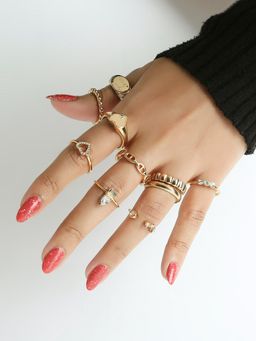 Lilly & Sparkle - Set of 10 Gold-Plated Gold-Toned White Crystal Studded Finger Rings