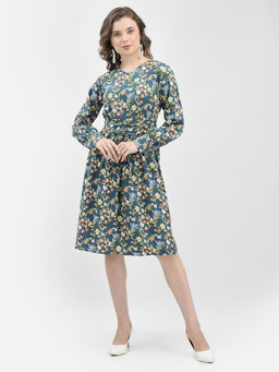 CRIMSOUNE CLUB - Womens Blue Floral Print A-Line Dress