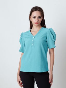 Zink London - Womens Glacial Blue Solid Puff Sleeve Top