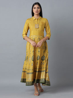 W - Mustard Printed Dress Ith Belt