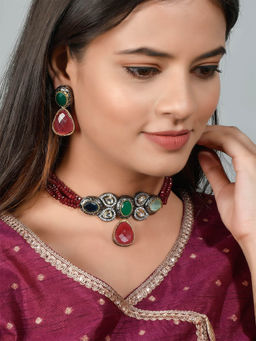 Silvermerc Designs - Jadau Kundan Designer Choker Jewellery Set