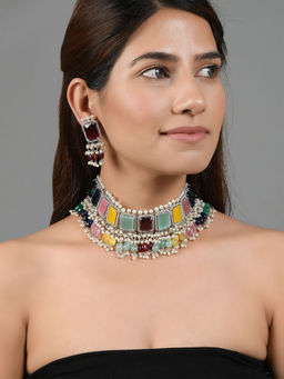 Silvermerc Designs - Multi Color Stone Heavy Choker Jewellery Set