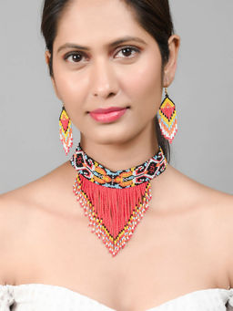 Silvermerc Designs - Hand Woven Red & Yellow Beaded Tasselled Handcrafted Afghan Jewelry Set