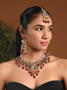 I Jewels - Maroon Gold Plated Traditional Pearl Kundan Necklace Jewellery Set