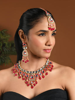 I Jewels - Pink Gold Plated Traditional Pearl Kundan Necklace Jewellery Set