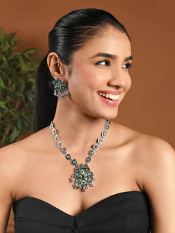 I Jewels - Oxidised Peacock Feather Ghungroo Long Necklace Set