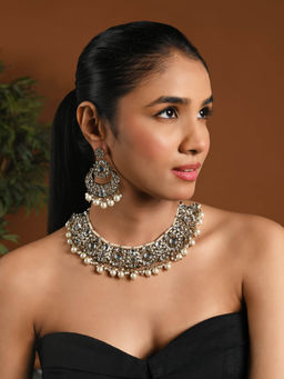 I Jewels - Gold Plated White Traditional Kundan Pearl Choker Necklace Jewellery Set K7271W