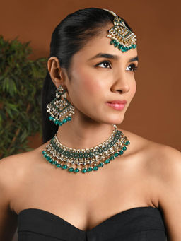 I Jewels - Gold Plated Teal Traditional Kundan Pearl Choker Necklace Jewellery Set K7273Pg