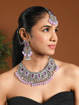 I Jewels - Silver Plated Traditional Kundan & Pearl Bridal Choker Necklace Jewellery Set Lavender