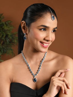 I Jewels - Silver Plated Stylish Design Crystal Diamond Necklace with Earrings & Maangtikka (IJ400ZMO)