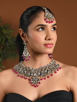 I Jewels - Gold Plated Traditional Wine Kundan Jewellery Set