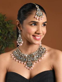 I Jewels - Gold Plated Traditional Pink Kundan and Pearl Jewellery Set