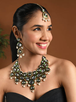 I Jewels - Gold Plated Traditional Green Kundan and Pearl Jewellery Set