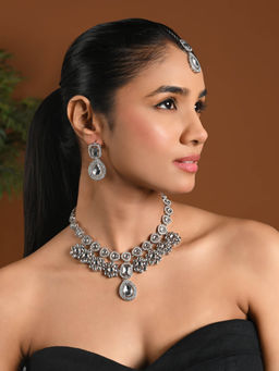 I Jewels - Silver Plated Traditional Kundan Stone Choker Jewellery Set