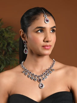 I Jewels - Pink and White Silver Plated Traditional Kundan Stone Jewellery Set