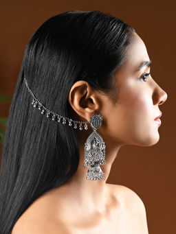 I Jewels - Silver Oxidized Designer Jhumka Earrings With Detachable Ear Chain