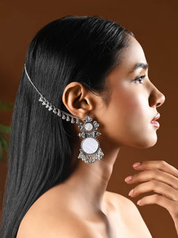 I Jewels - Silver Oxidized Mirror Drop Earrings With Detachable Ear Chain