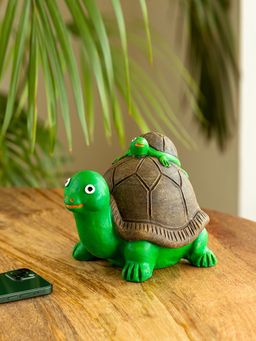 ExclusiveLane - Mother Baby Turtle Garden Decorative Showpiece In Terracotta Green