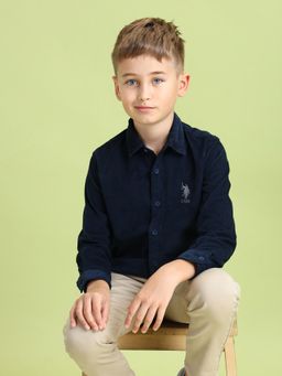 U.S. POLO ASSN. - Textured Navy Blue Full Sleeves Collar Neck Shirt