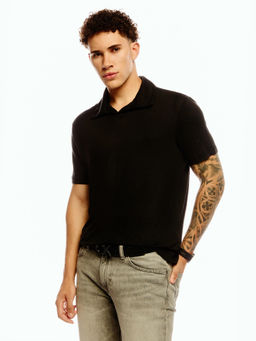 Calvin Klein - Men Black Linen Relaxed Fit Polo T-Shirt