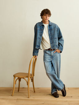 American Eagle - Men Blue Cotton Blend Relaxed Fit Jacket