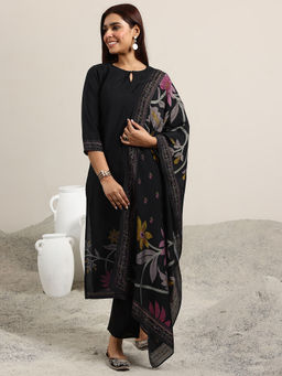 Libas - Black Floral Printed Straight Kurta with Pant and Dupatta (Set of 3)