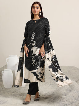 Libas - Black Floral Bandhani Straight Kurta with Pant and Dupatta (Set of 3)