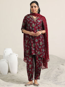 Libas - Maroon Floral Printed Kurta with Salwar and Dupatta (Set of 3)