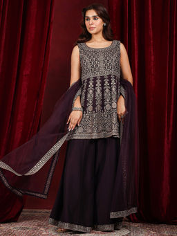 Libas Art - Burgundy Floral Embellished Short Kurti with Palazzo and Dupatta (Set of 3)