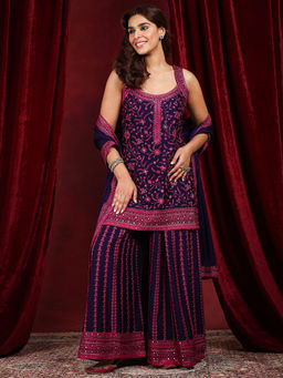 Libas Art - Purple Embroidered Short Kurti with Palazzo and Dupatta (Set of 3)