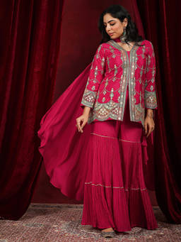 Libas Art - Pink Floral Embroidered Short Kurti with Sharara and Dupatta (Set of 3)
