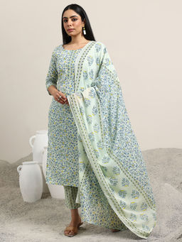 Libas - Sea Blue Floral Printed Straight Kurta with Pant and Dupatta (Set of 3)