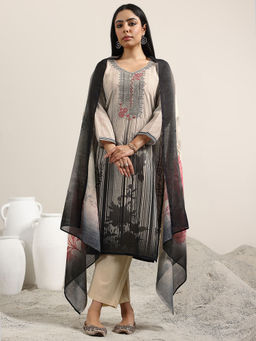 Libas - Beige Striped Printed Straight Kurta with Pant and Dupatta (Set of 3)
