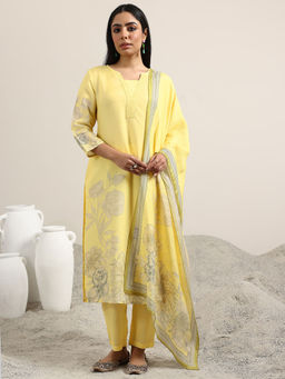 Libas - Yellow Floral Printed Straight Kurta with Pant and Dupatta (Set of 3)