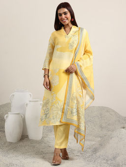 Libas - Lemon Yellow Floral Printed Straight Kurta with Pant and Dupatta (Set of 3)
